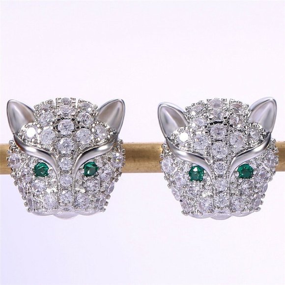 Mens Sterling Silver Emerald Diamond Zircon Panther Cat Stud Earrings Party Gift - Picture 5 of 12